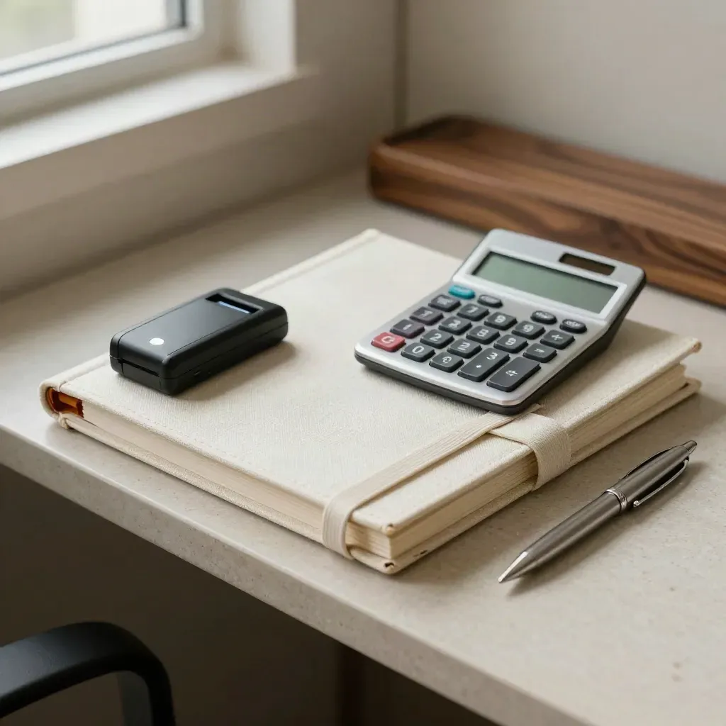 Angolo payroll con badge reader, calcolatrice e raccoglitore chiuso su piano chiaro.