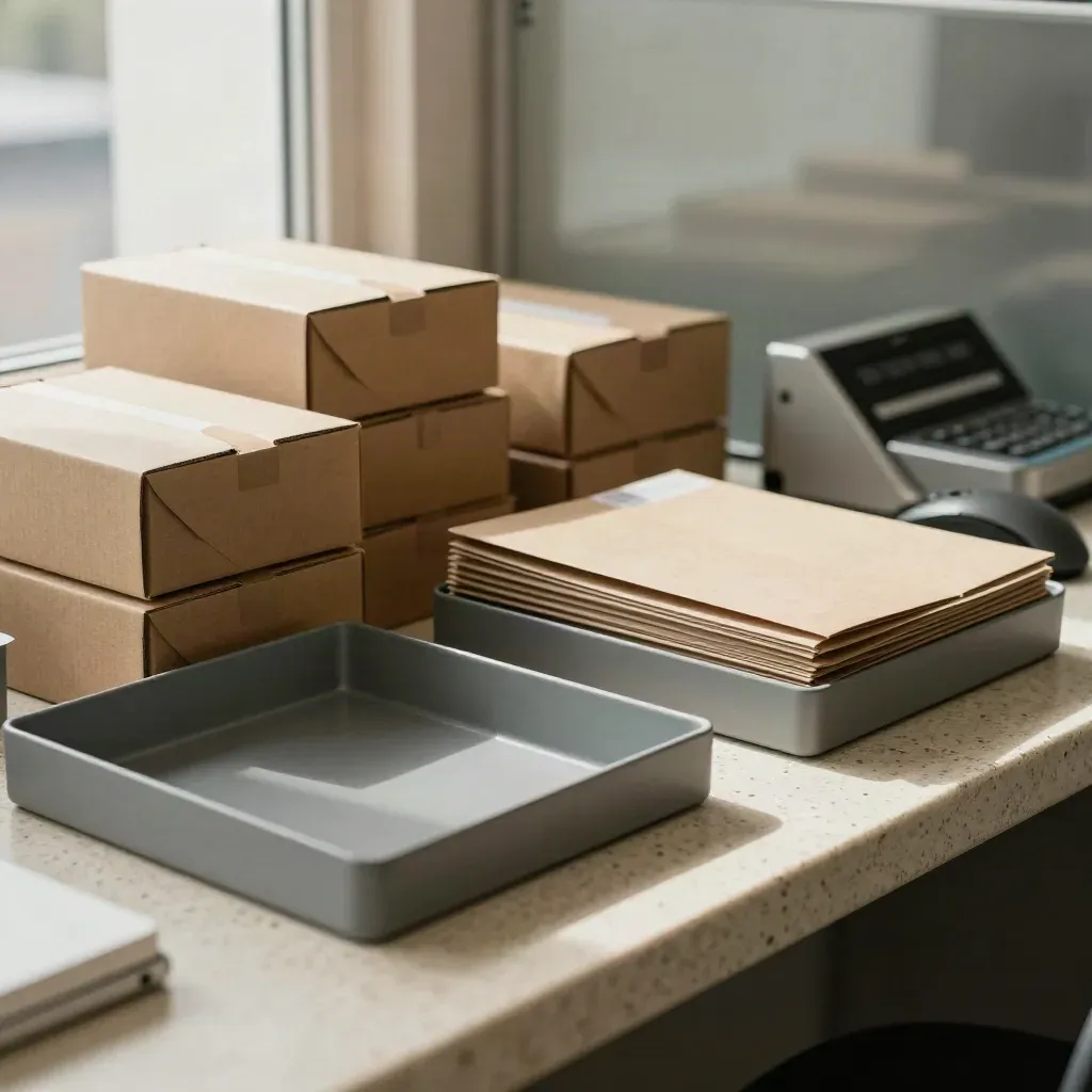 Postazione back office con scatole ordini chiuse, contenitori modulari e mouse inattivo su travertino.