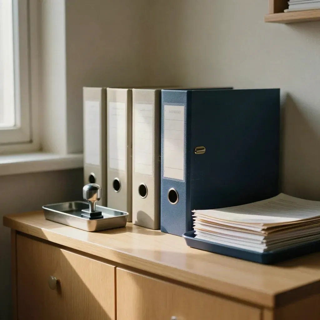 Archivio amministrativo ordinato con raccoglitori chiusi, vassoio posta e timbratore su legno chiaro.