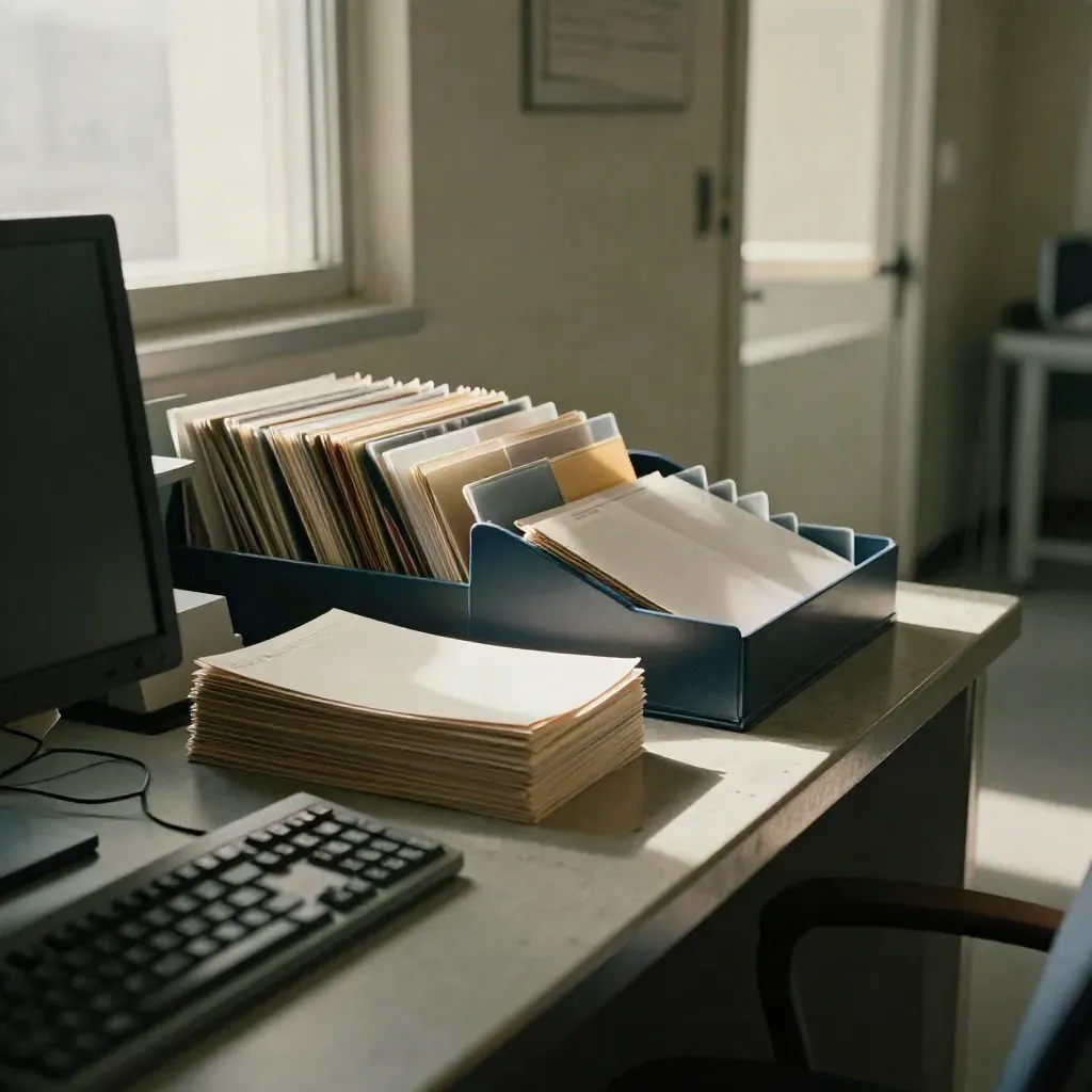 Angolo data entry con terminale spento, vassoi colorati e schede ordinate in luce cinematica