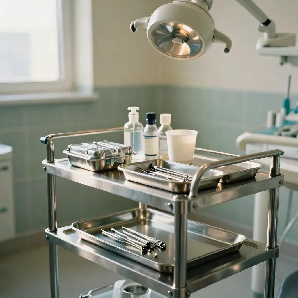 Carrello sterile e vassoi lucidi in uno studio dentistico vuoto, con lampada operatoria spenta.
