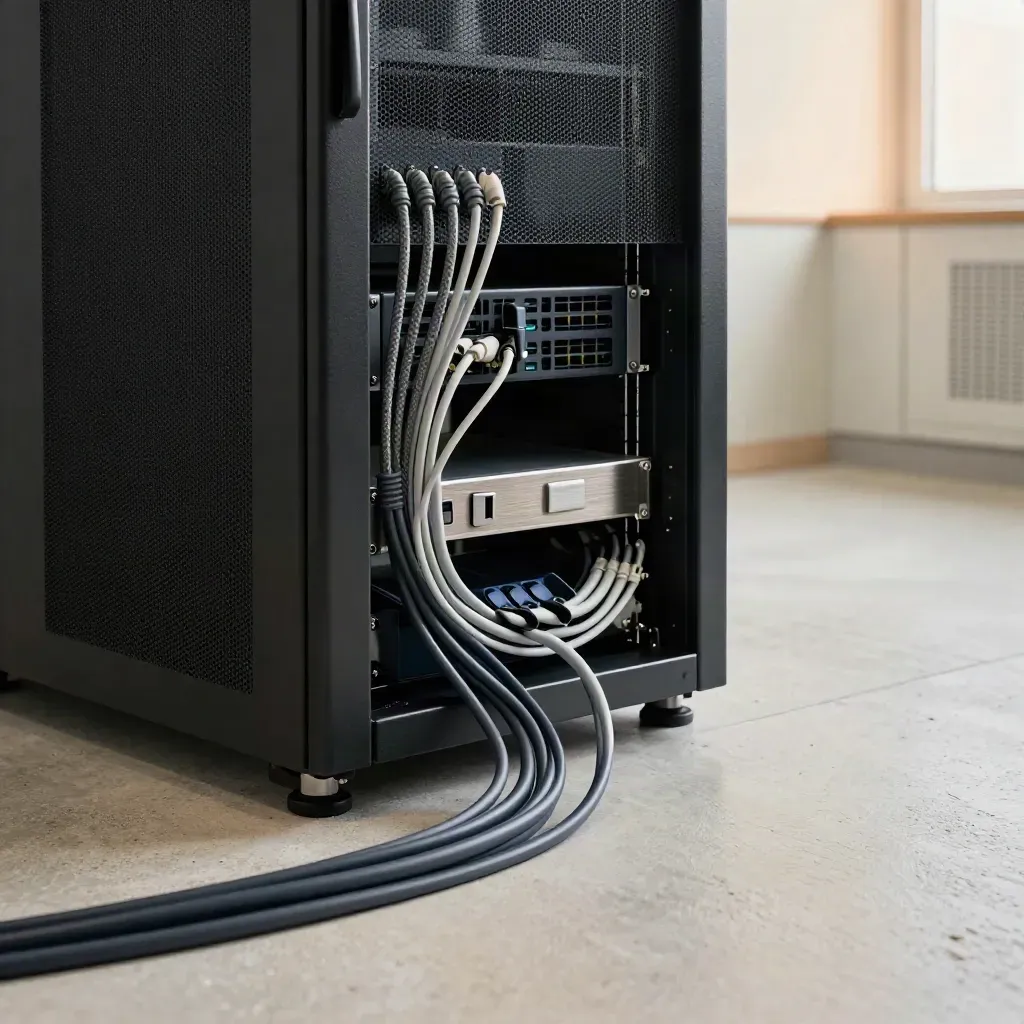 Rack server chiuso con cavi ordinati, docking station e chiavette di sicurezza su pavimento chiaro.