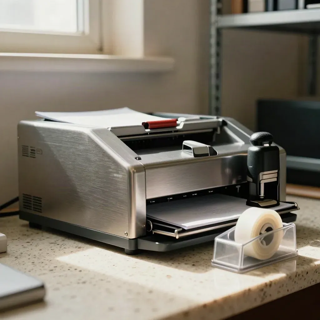 Sorter metallico, timbro, perforatore e nastro su pietra travertino.