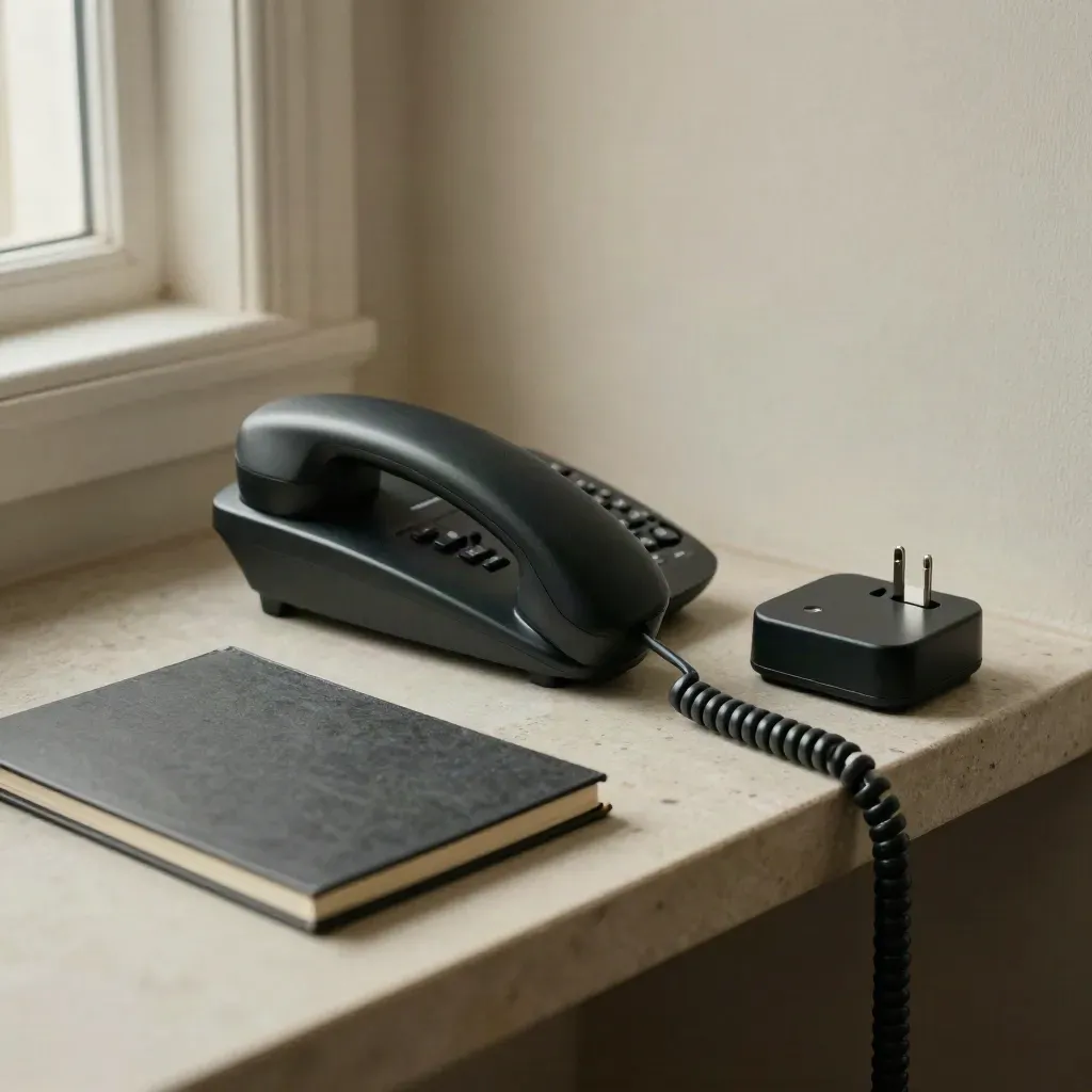 Due telefoni neri, blocco note chiuso e base di ricarica su mensola di pietra.