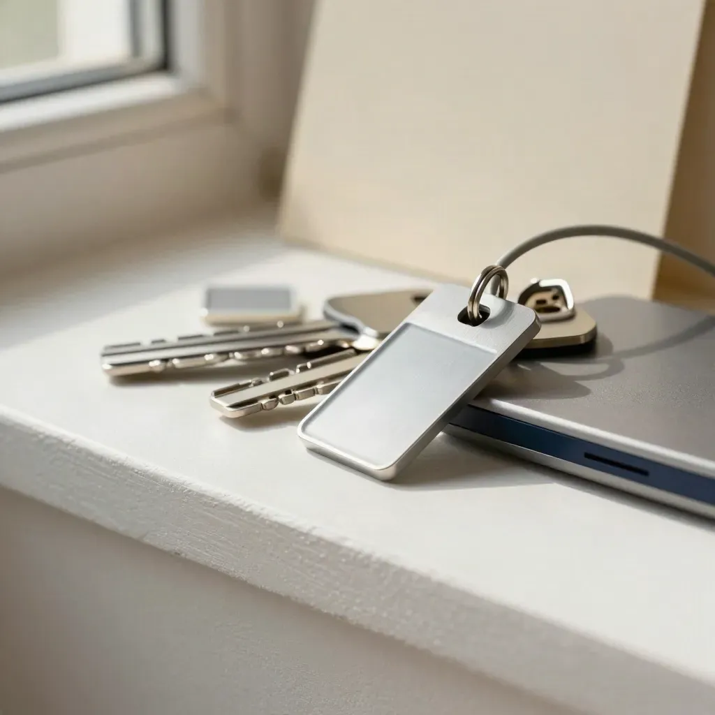 Chiavi metalliche, badge vuoti e dongle USB su base di ricarica, con spazio vuoto a sinistra.