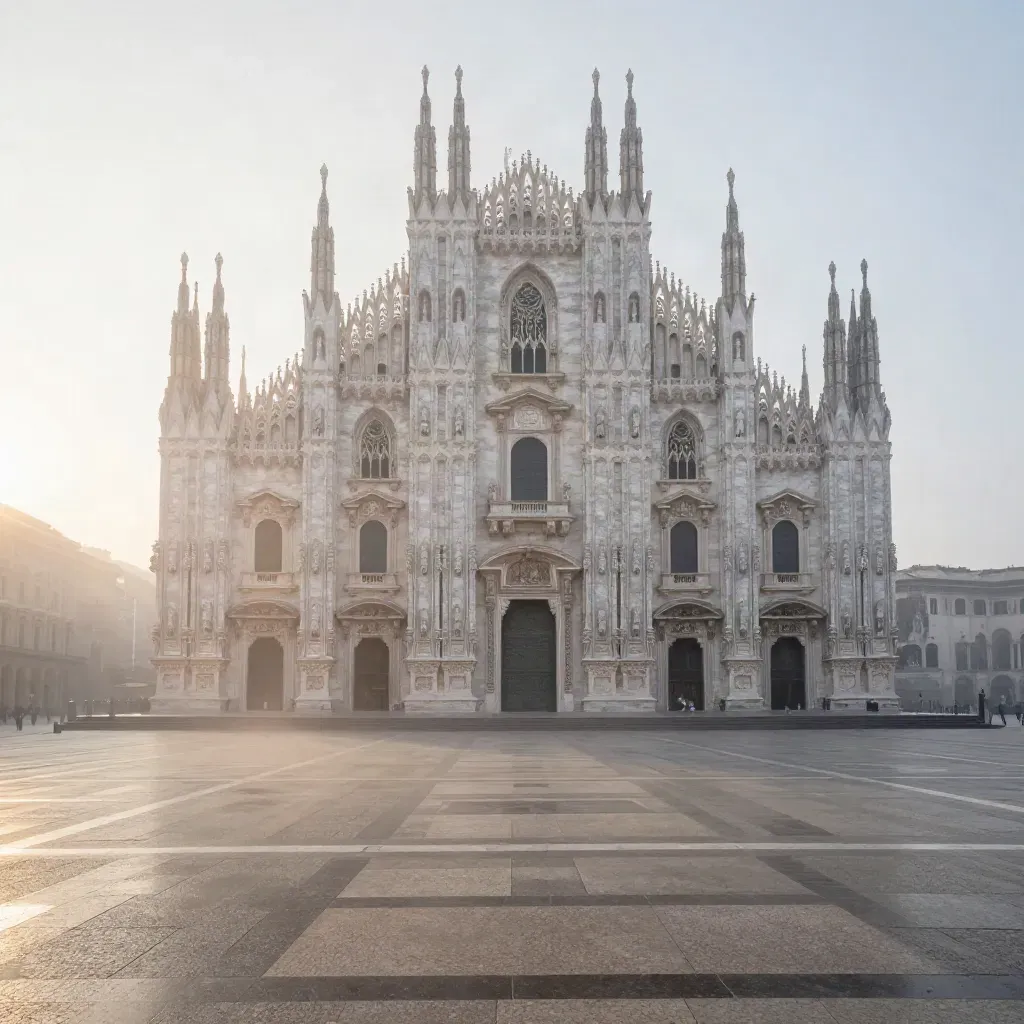 Duomo di Milano che emerge nella nebbia all’alba sopra una piazza silenziosa