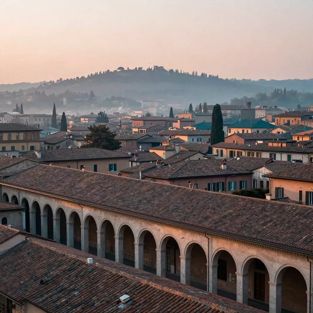 Portici di Bologna all’alba con San Luca nella bruma e tetti in terracotta
