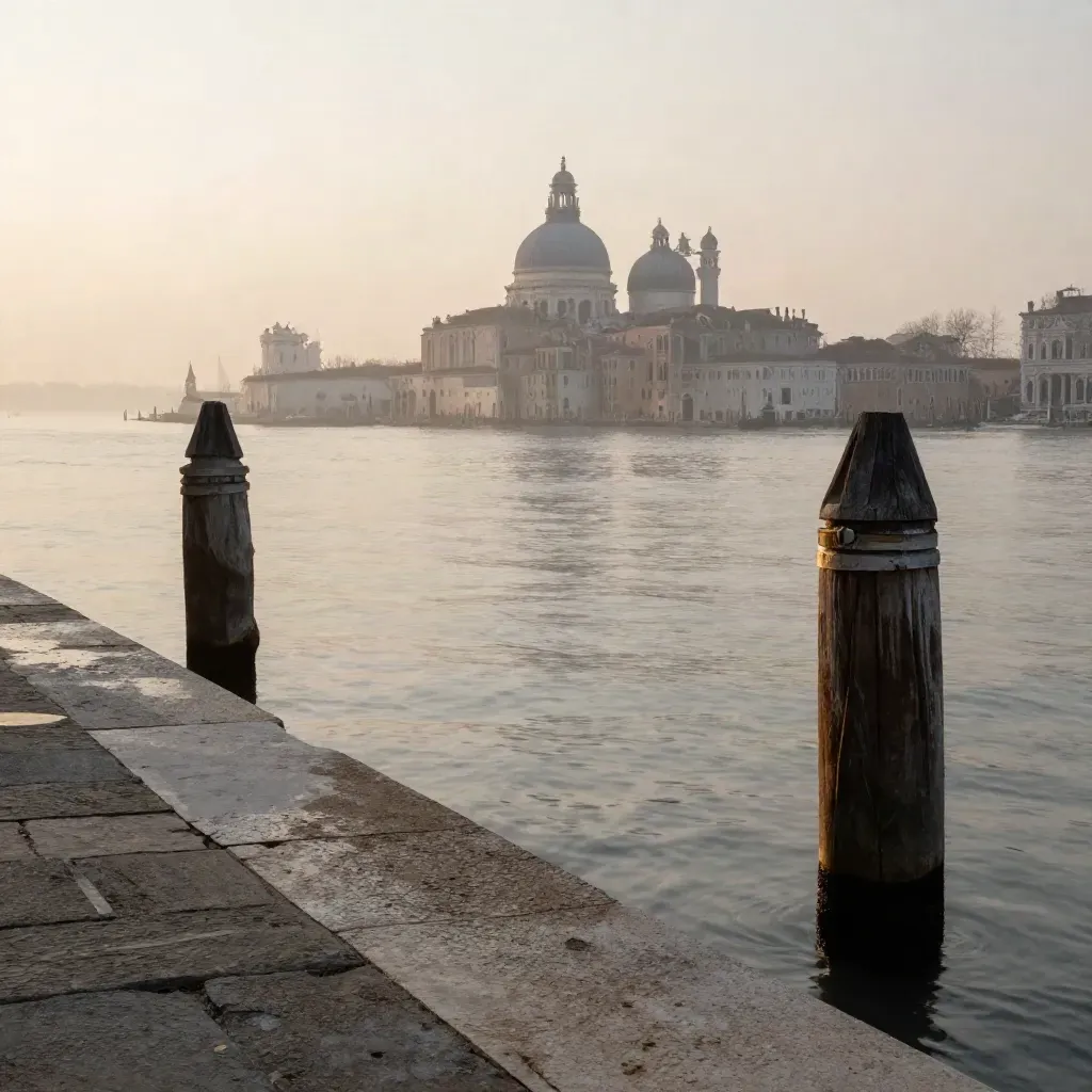 Laguna veneziana al tramonto con bricole, rive di pietra e skyline velato