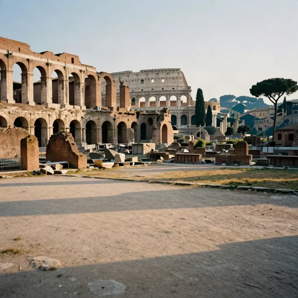 Foro Romano e Palatino nella luce dorata, con spazio vuoto in basso per il testo.